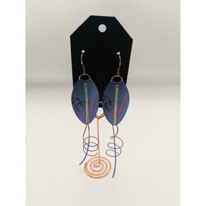 Holly Yashi Niobium Dangle Drop Earrings Blue with Purple Design 5" Long